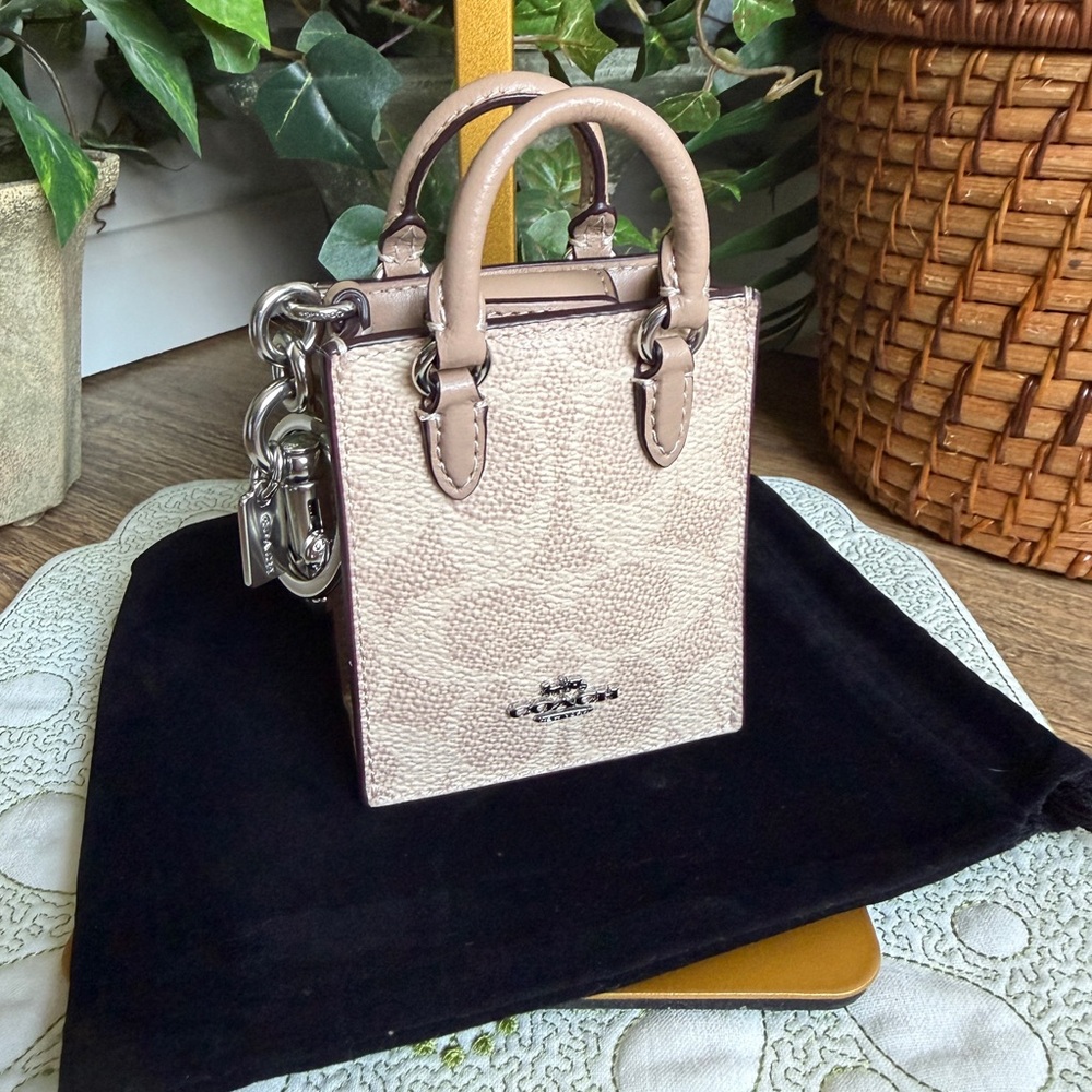 Coach North/South Mini Tote Bag Charm in Signature Canvas Tan & Beige F2448 NWOT